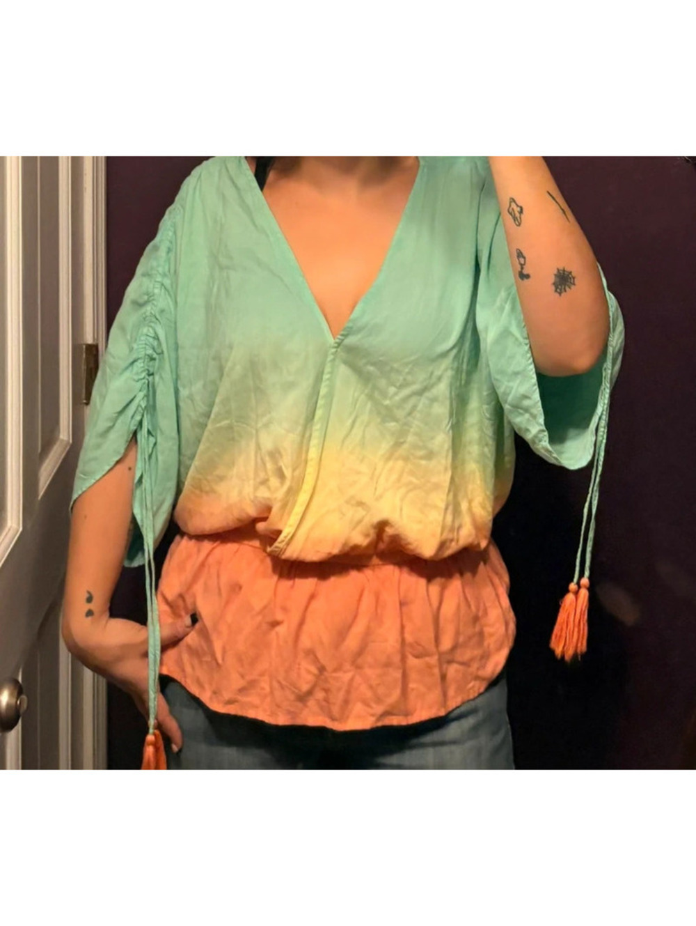 70’s Style Hippie Boho Rainbow V Neck Flowy Blouse with Tassels
